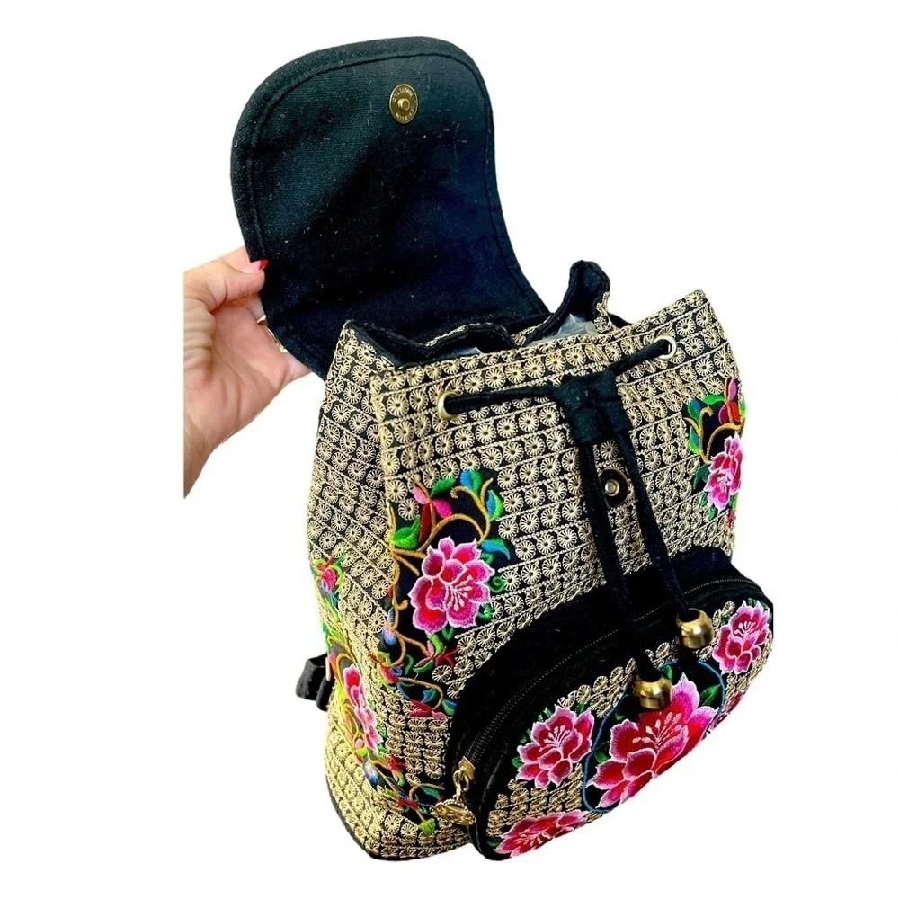 Boho Hippie Gypsy Embroidered Art to Wear Floral Cinch Sack Backpack Handbag